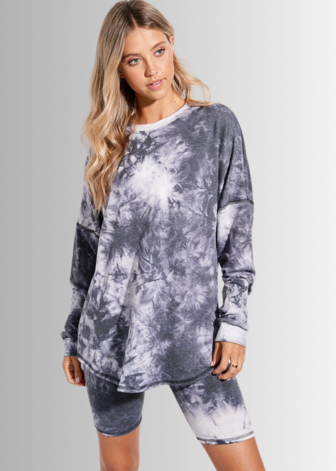 USA Made Ladies Super Soft 2 piece Tie Dye Pajama Loungewear Set with Long Sleeve Shirt and Biker Shorts in Grey