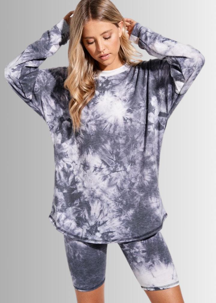 USA Made Ladies Super Soft 2 piece Tie Dye Pajama Loungewear Set with Long Sleeve Shirt and Biker Shorts in Grey