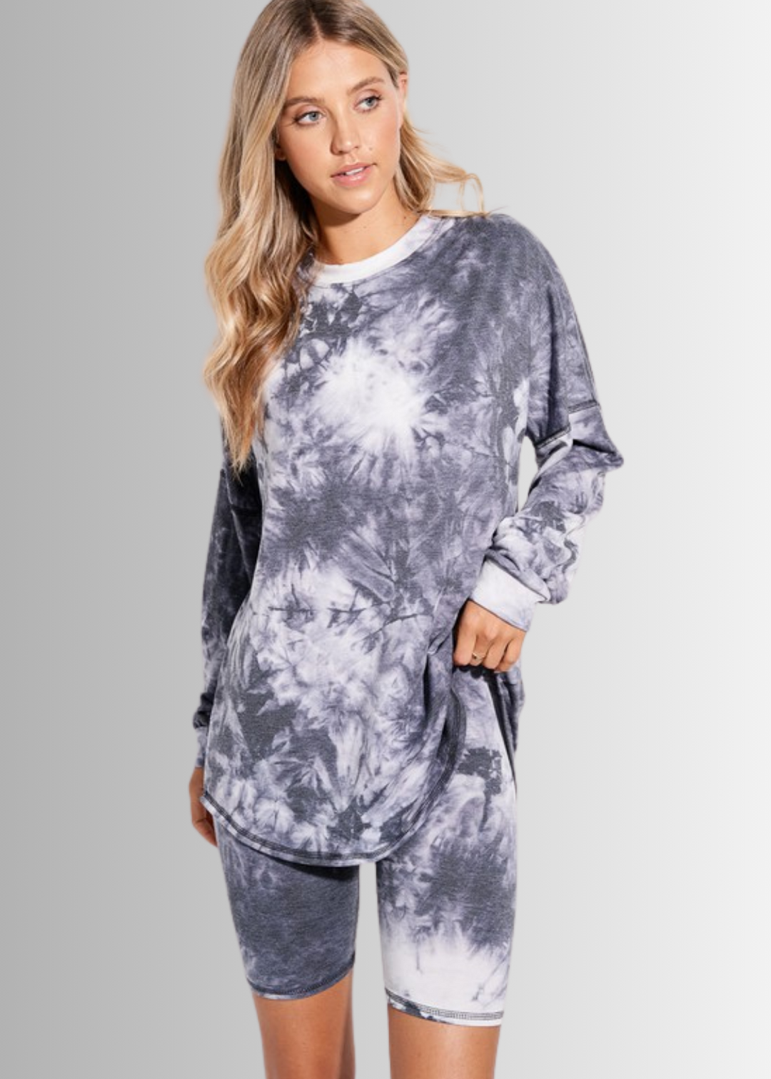 USA Made Ladies Super Soft 2 piece Tie Dye Pajama Loungewear Set with Long Sleeve Shirt and Biker Shorts in Grey