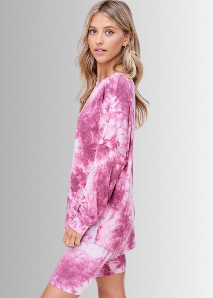 USA Made Ladies Super Soft 2 piece Tie Dye Pajama Loungewear Set with Long Sleeve Shirt and Biker Shorts in Pink