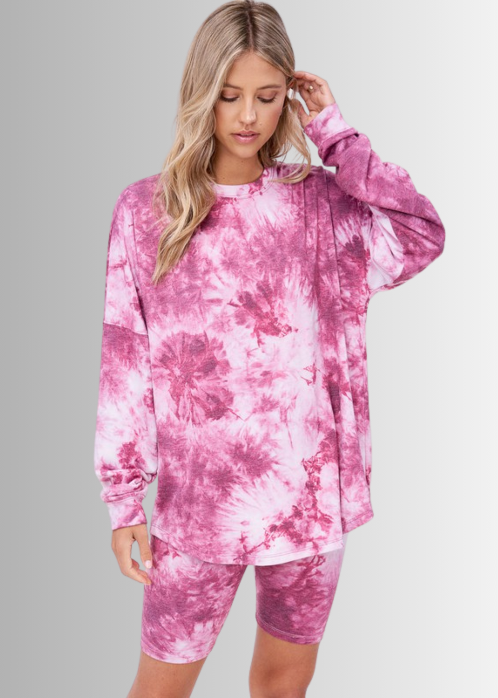 USA Made Ladies Super Soft 2 piece Tie Dye Pajama Loungewear Set with Long Sleeve Shirt and Biker Shorts in Pink