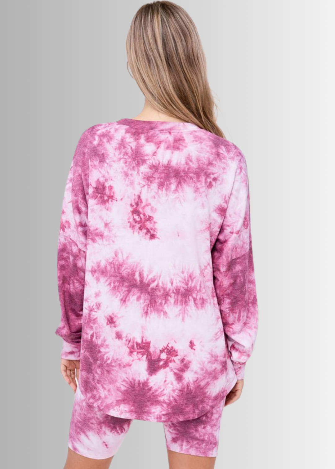 USA Made Ladies Super Soft 2 piece Tie Dye Pajama Loungewear Set with Long Sleeve Shirt and Biker Shorts in Pink