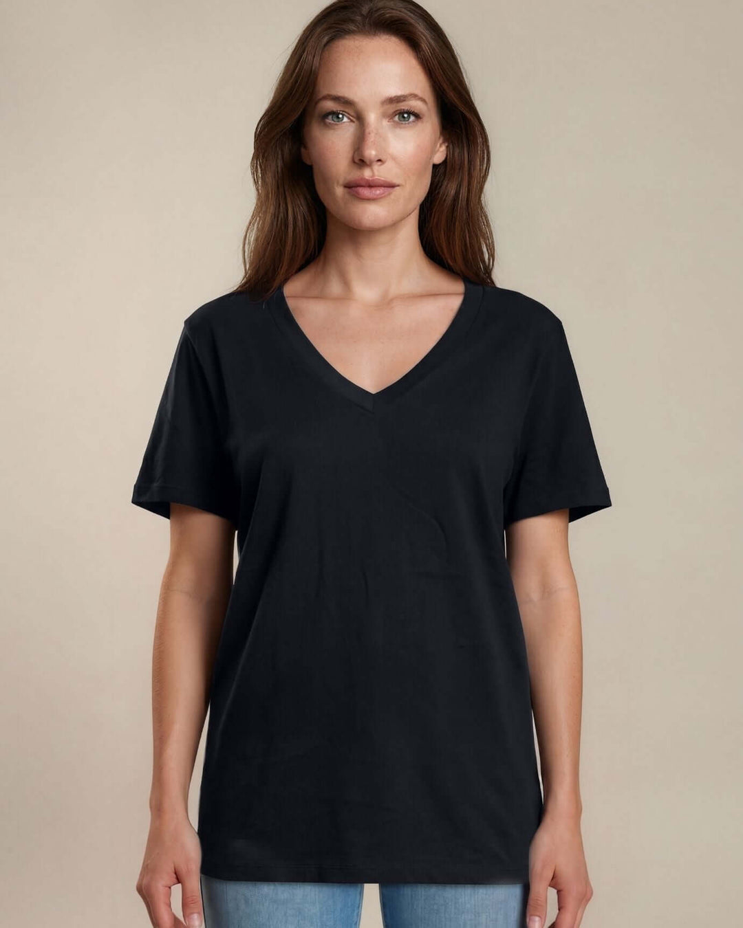 The True American Women's T-Shirt: Super soft 100% combed ring-spun cotton V-neck tee in black, made in the USA with USA-milled fabric. Flattering fit, effortless style.