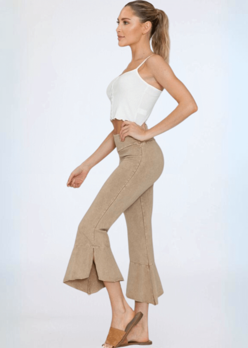 Women's Tulip Hem Capri Pants Made with American Grown Cotton Mid-Rise Raw Edge Hem Fitted in Mineral Washed Beige | Classy Cozy Cool Style C30723