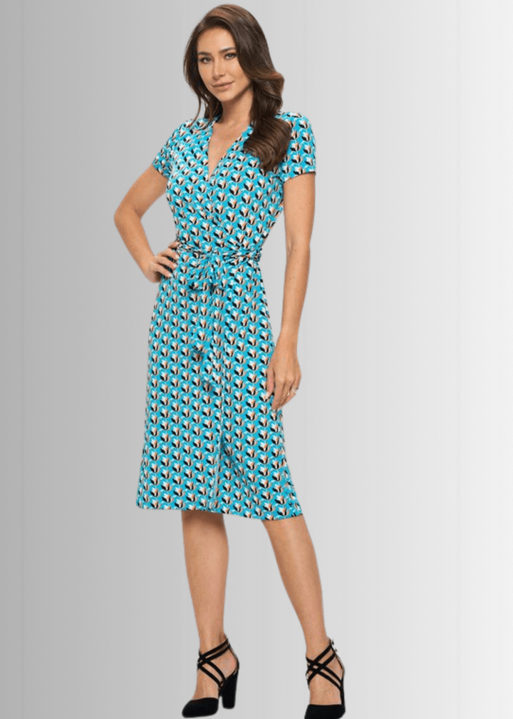 Ladies Aqua Blue Tulip Print Midi Jersey Wrap Dress | Renee C. Style