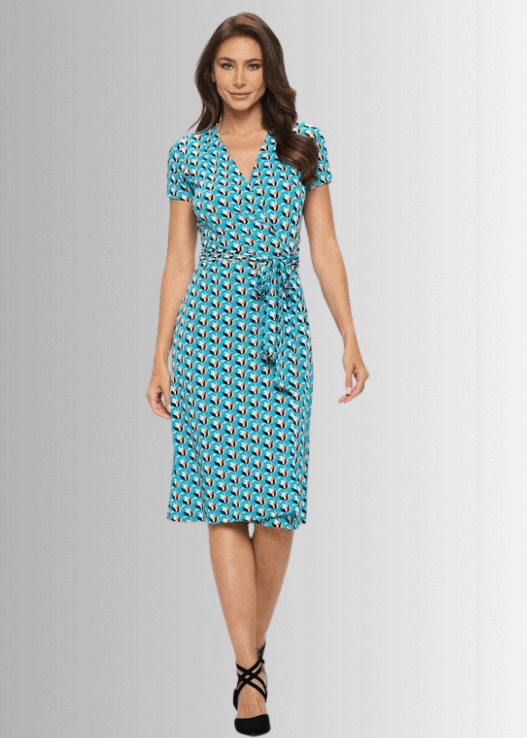 Ladies Aqua Blue Tulip Print Midi Jersey Wrap Dress | Renee C. Style