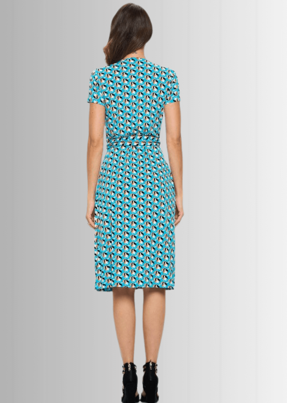 Ladies Aqua Blue Tulip Print Midi Jersey Wrap Dress | Renee C. Style# S4329DRR | Made in USA | Classy Cozy Cool Women's Made in America Clothing Boutique