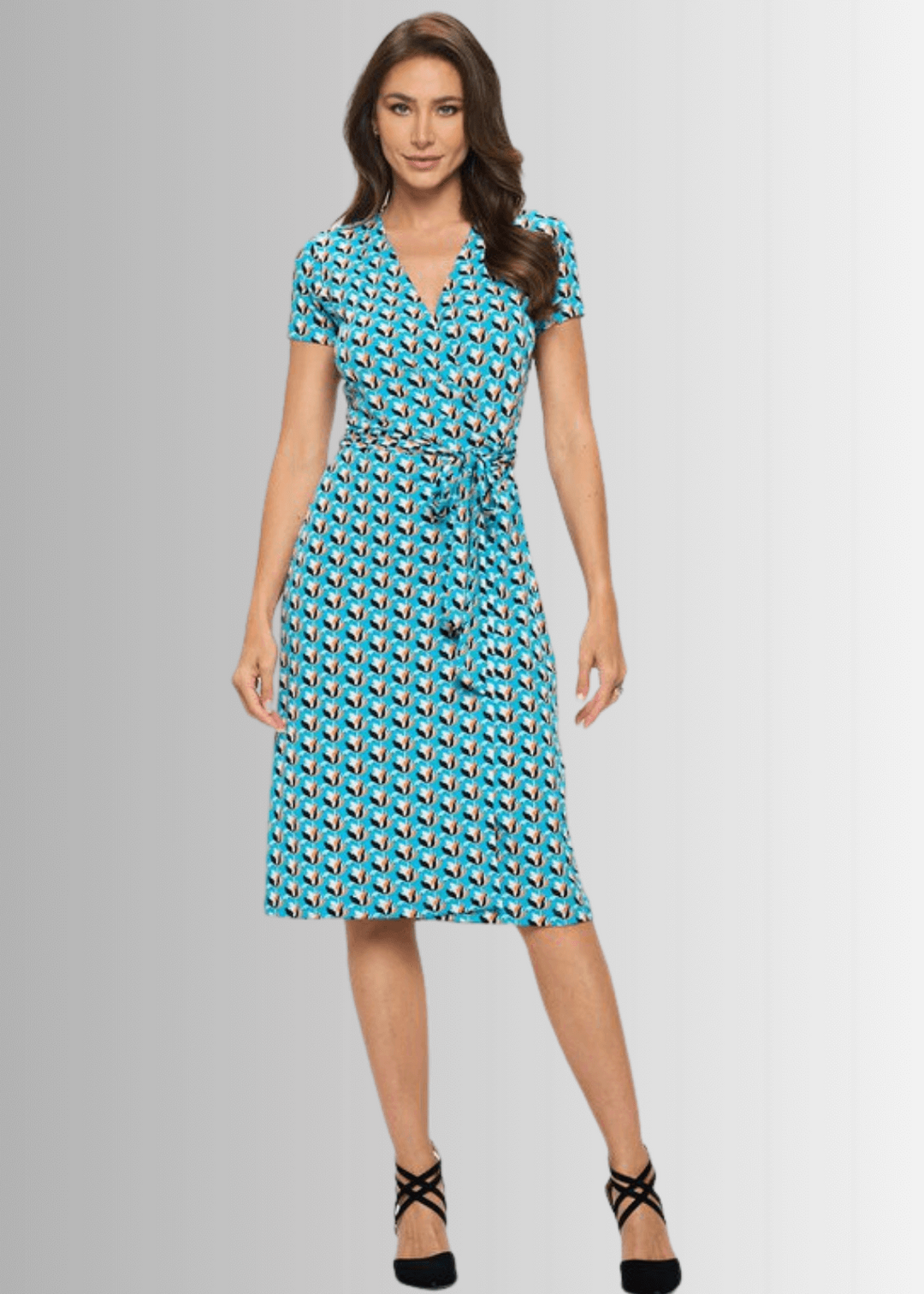 Ladies Aqua Blue Tulip Print Midi Jersey Wrap Dress | Renee C. Style
