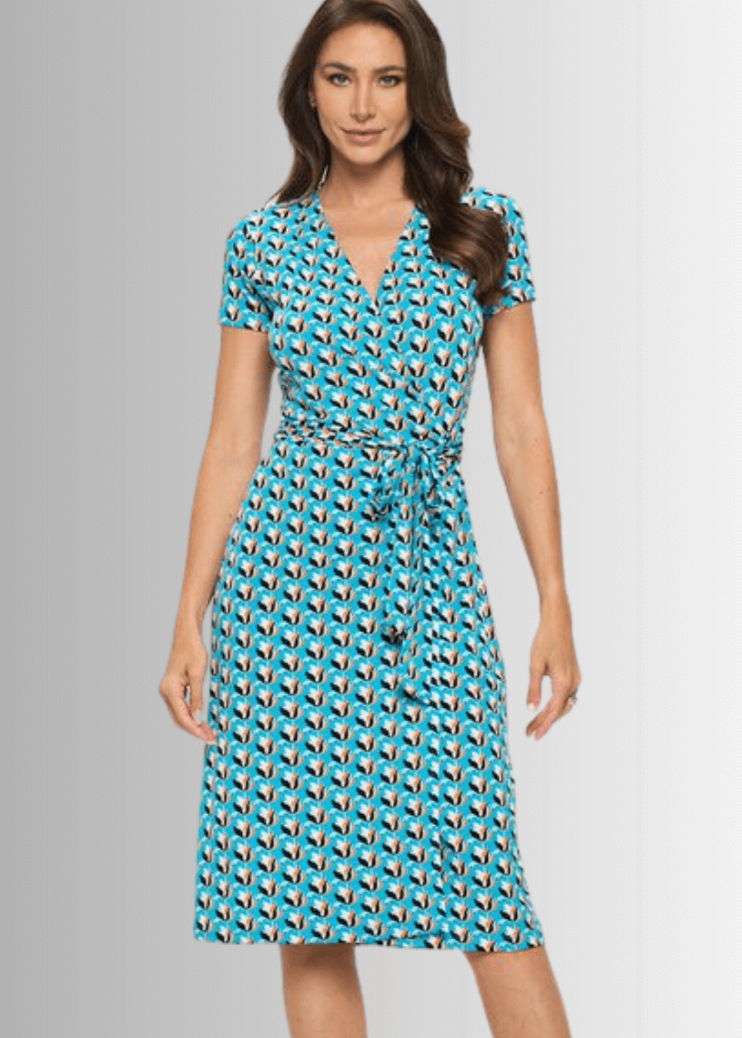 Ladies Aqua Blue Tulip Print Midi Jersey Wrap Dress | Renee C. Style# S4329DRR | Made in USA | Classy Cozy Cool Women's Made in America Clothing Boutique