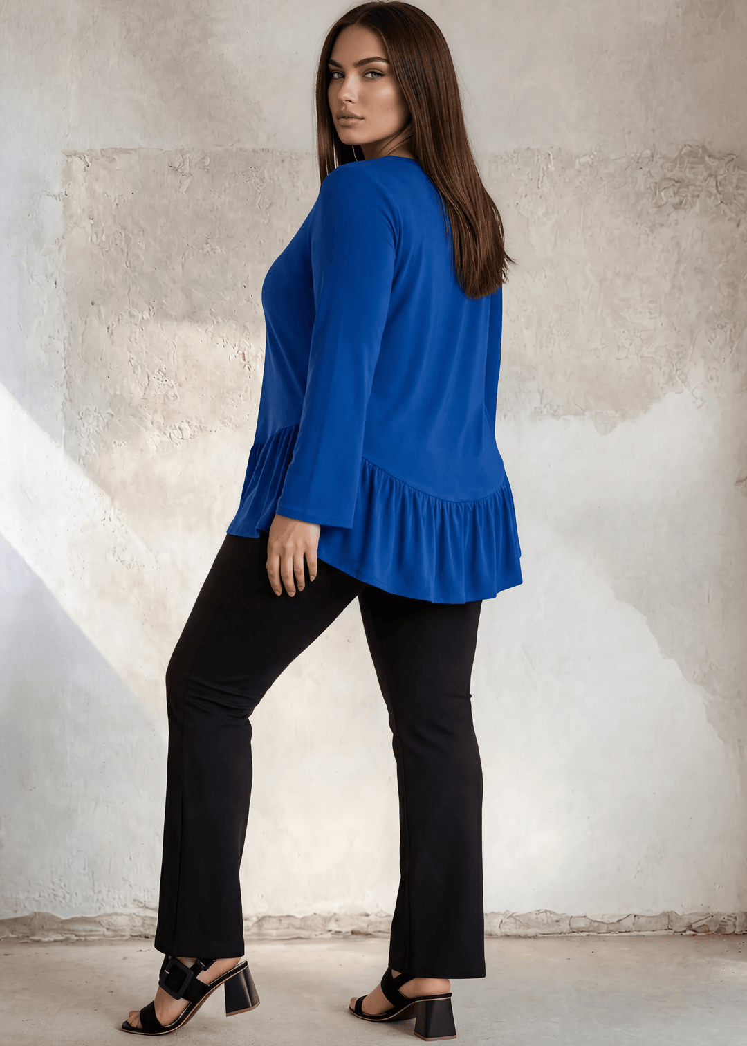 USA Made Full length Ladies Plus Size Classic Black Pull-On Bootcut Ponte Pants with Back Pockets Paired with Made in USA Women&