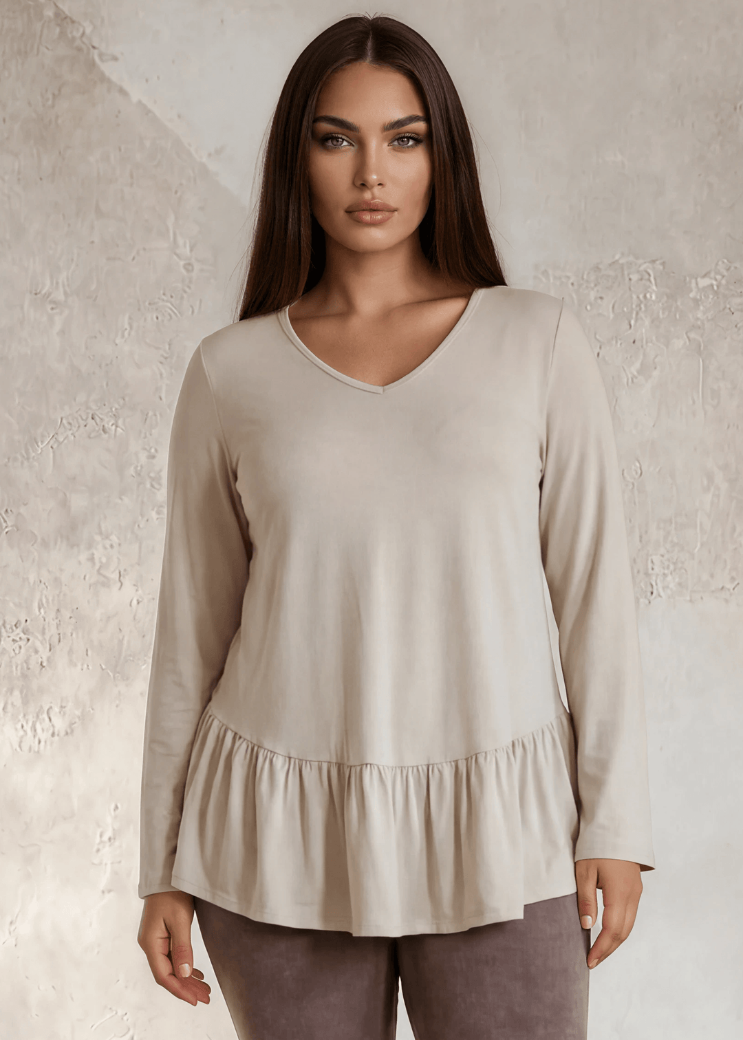 Made in USA Women's Plus Size Cream Flare Sleeve Tunic with Flounce Ruffle Hem, V-Neck, Lightweight and Flowy, Super Soft, 95% Rayon, 5% Spandex Machine Wash, Tumble Dry Low Style C11316 | Classy Cozy Cool Made in USA Boutique
