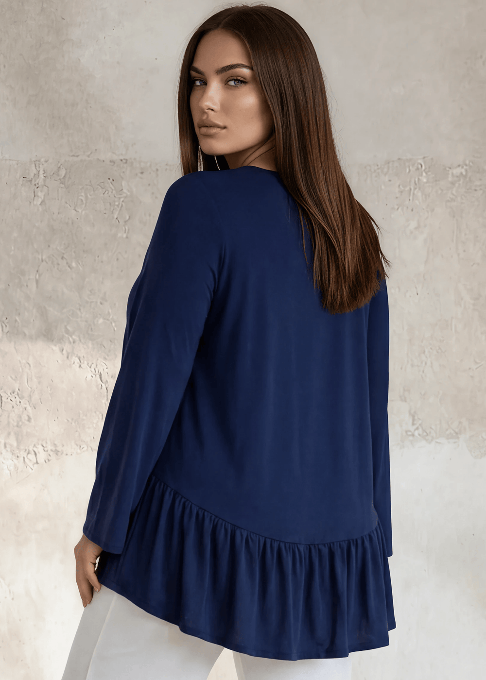 Made in USA Women's Plus Size Navy Blue Flare Sleeve Tunic with Flounce Ruffle Hem, V-Neck, Lightweight and Flowy, Super Soft, 95% Rayon, 5% Spandex Machine Wash, Tumble Dry Low Style C11316 | Classy Cozy Cool Made in USA Boutique
