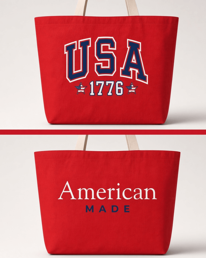Made in USA. Carry a USA 1776 canvas tote with American Made artwork on the reverse. 12 oz. USA cotton canvas, 20" x 14.5" x 4.5", in Red or Natural.