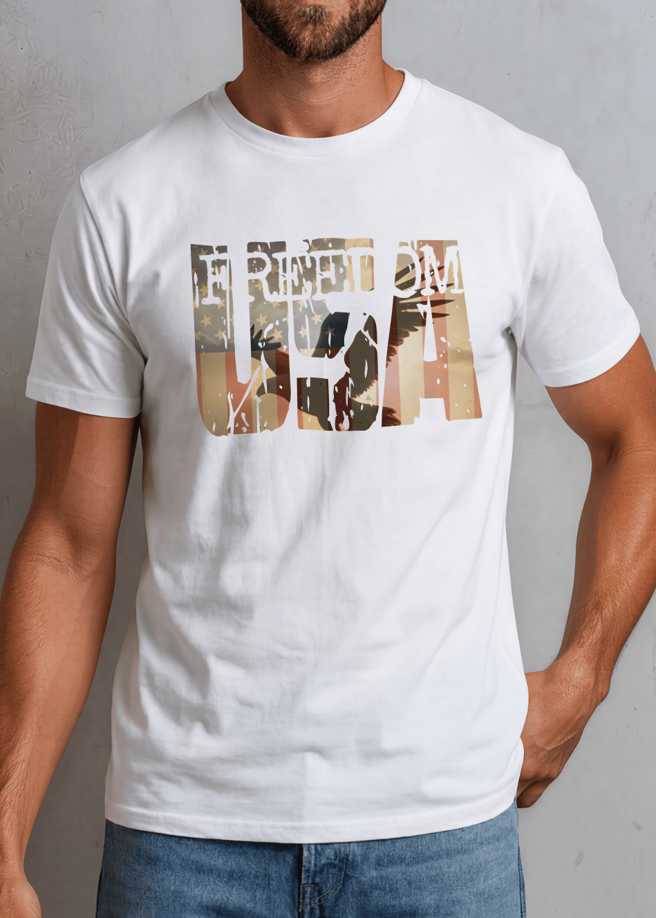 Men's FREEDOM USA patriotic graphic tee in Black or White. Distressed eagle silhouette design. Made in USA with USA-grown cotton. Sizes S–3XL.
