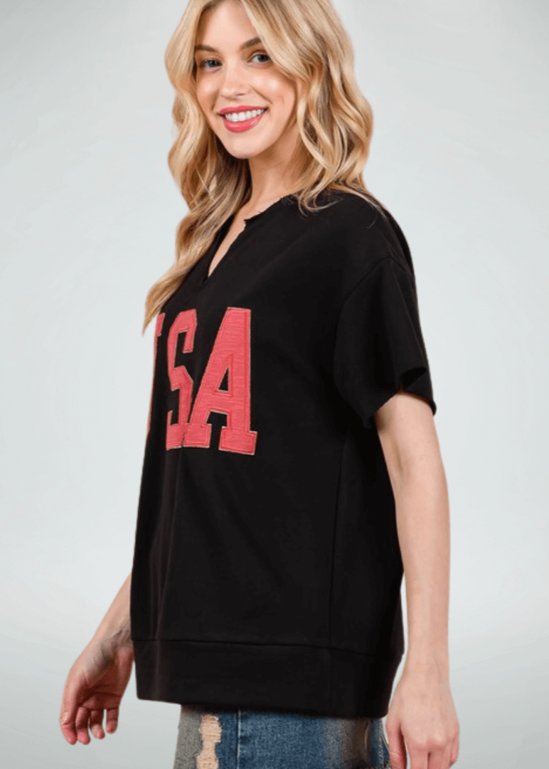 Made in USA Game Day USA Lettering Patch Short Sleeve T-Shirt, Raw edge detail, USA lettering patch for Patriotic, Olympics and Game Day in Black | Classy Cozy Cool Made in America Boutique