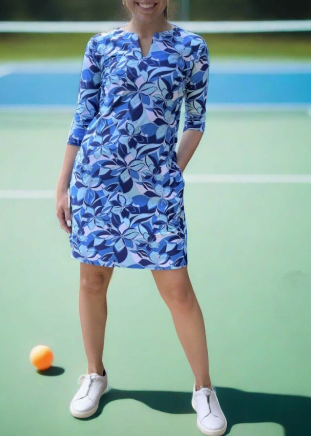 USA Made Ladies Active Wear Venice Dress in Sea Petals Print by Southwind Apparel | For Tennis, Pickle Ball, Lunch, Outdoor Event Summer Wear | Classy Cozy Cool Women's Made in America Boutique
