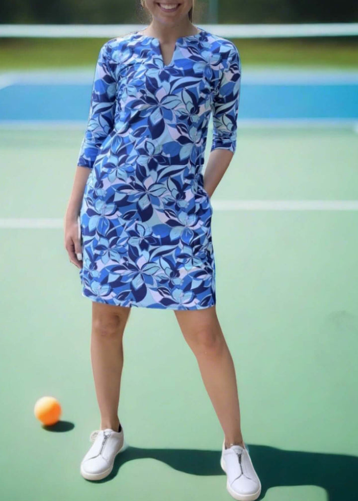 USA Made Ladies Active Wear Venice Dress in Sea Petals Print by Southwind Apparel | For Tennis, Pickle Ball, Lunch, Outdoor Event Summer Wear | Classy Cozy Cool Women&
