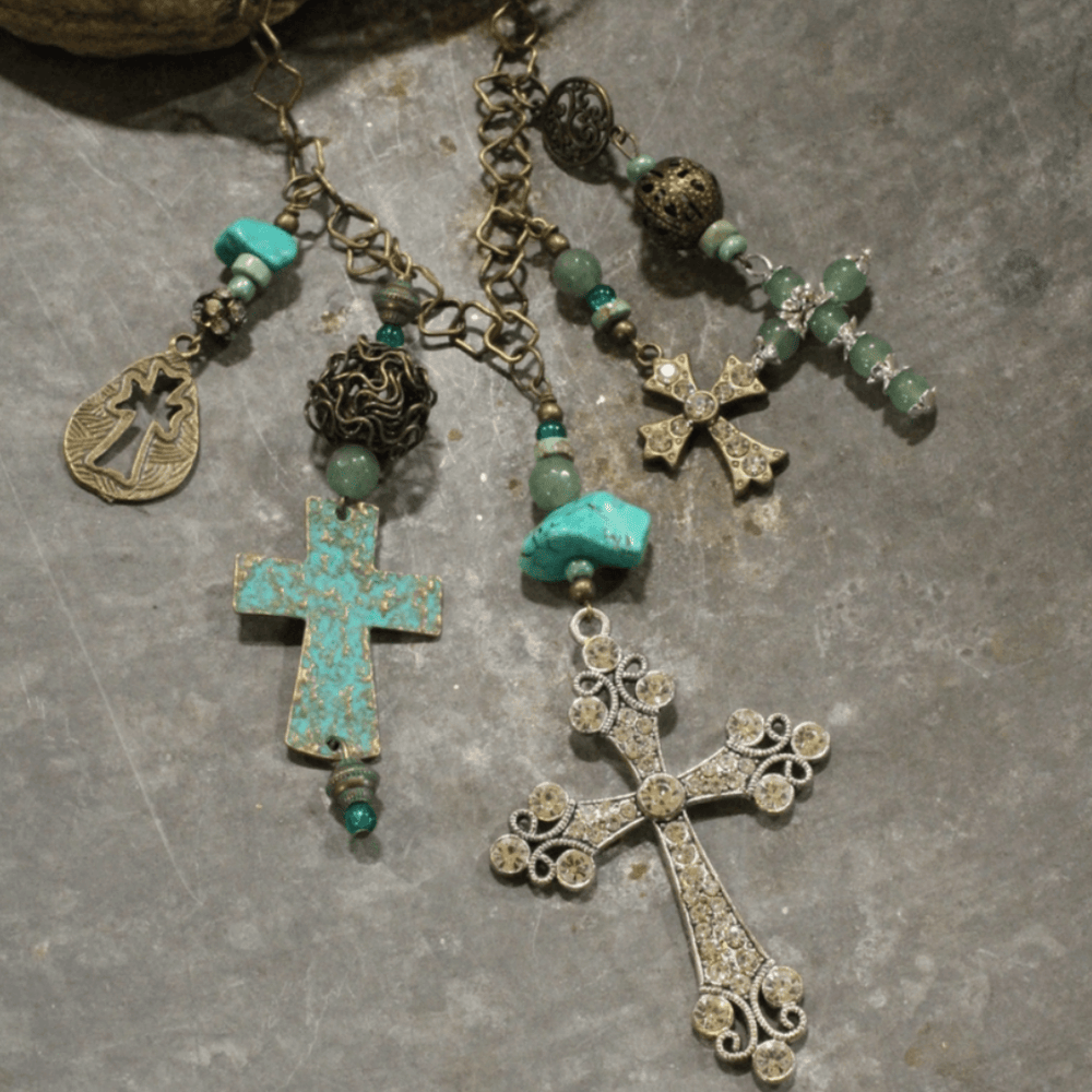 Natural Stone Jewelry Designed and Made in USA, Unique One-of-a-kind Vintage Inspired Cross Jade and Patina Charm Statement Necklace