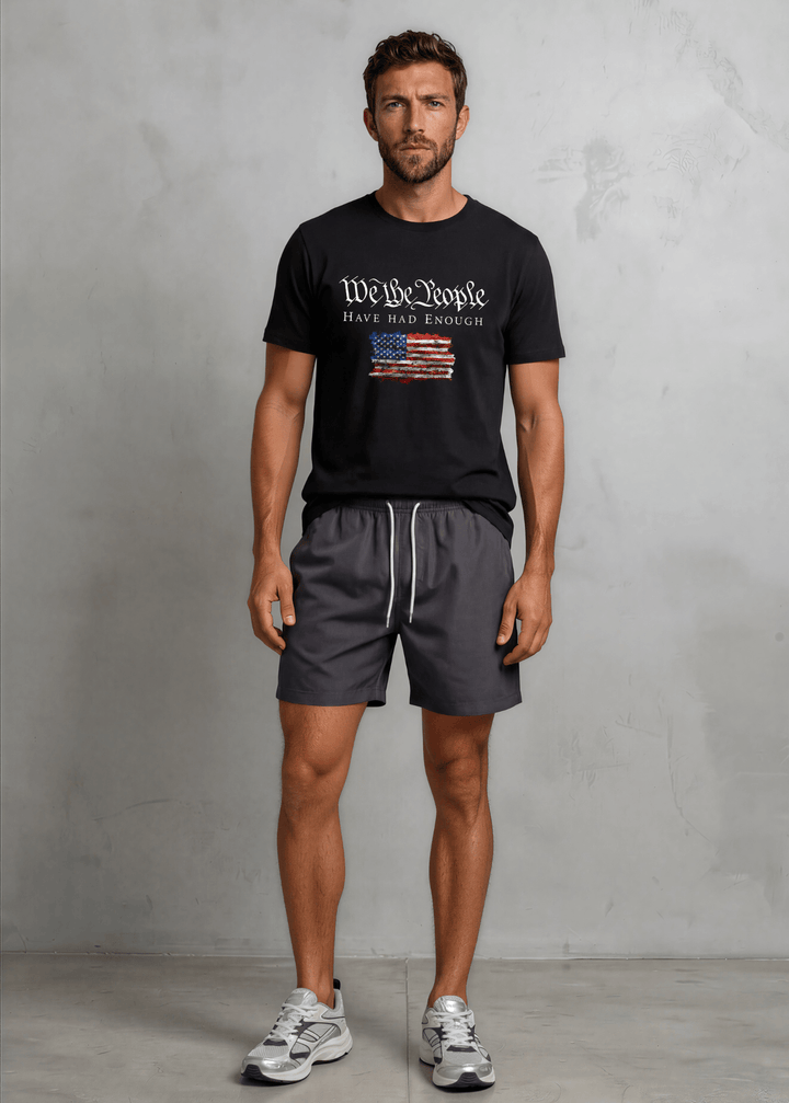 "We the People Have Had Enough" patriotic graphic tee in Black or Navy. Distressed American flag design, Made in USA, 100% ring-spun cotton, relaxed fit.