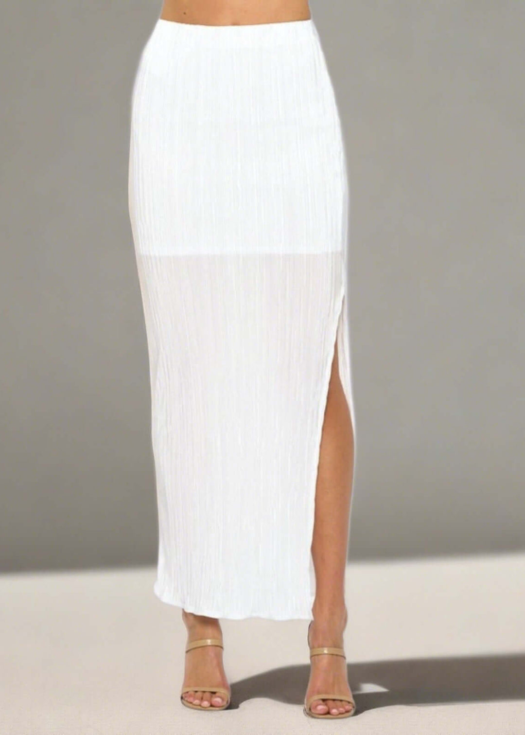 Made in USA Women's White Plisse Maxi Sheer Skirt Maxi with Mini Length Lining in White | Renee C | Classy Cozy Cool Women's Made in America Boutique