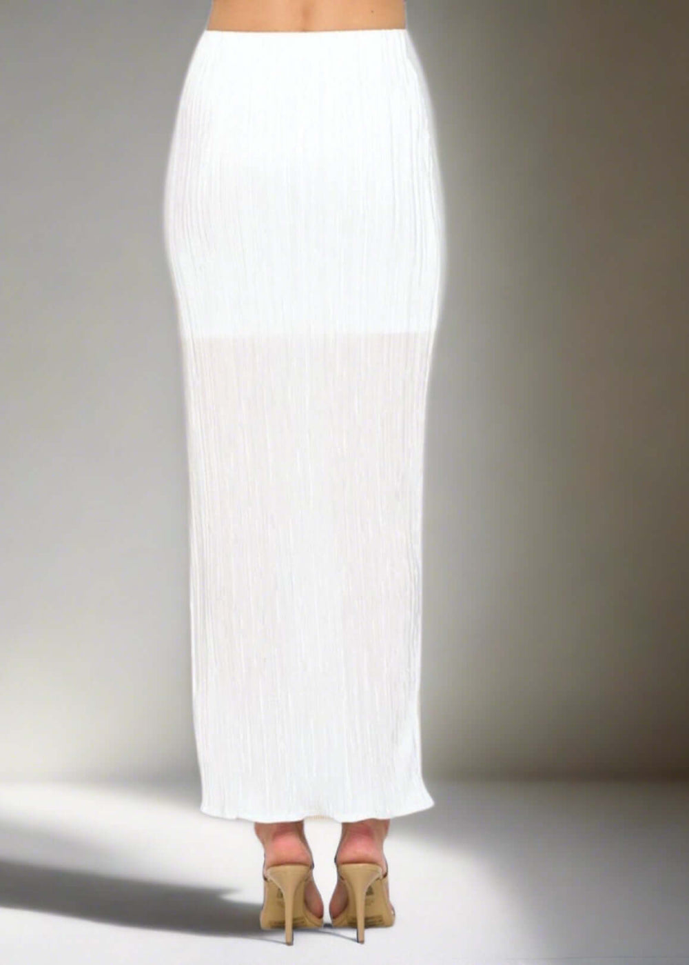 Made in USA Women's White Plisse Maxi Sheer Skirt Maxi with Mini Length Lining in White | Renee C | Classy Cozy Cool Women's Made in America Boutique