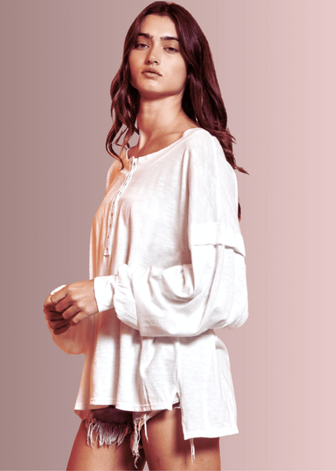 USA Made Ladies Oversized White Cotton Long Sleeve Tee with Raw Edge Detail and Snap Down Front | Bucket List Clothing Style