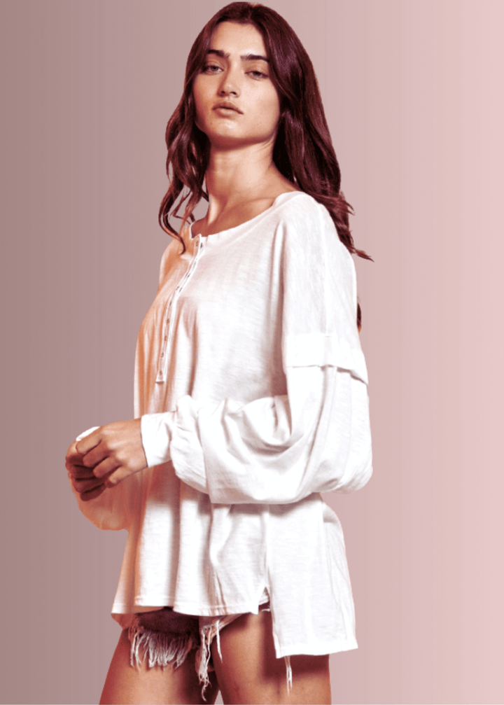 USA Made Ladies Oversized White Cotton Long Sleeve Tee with Raw Edge Detail and Snap Down Front | Bucket List Clothing Style