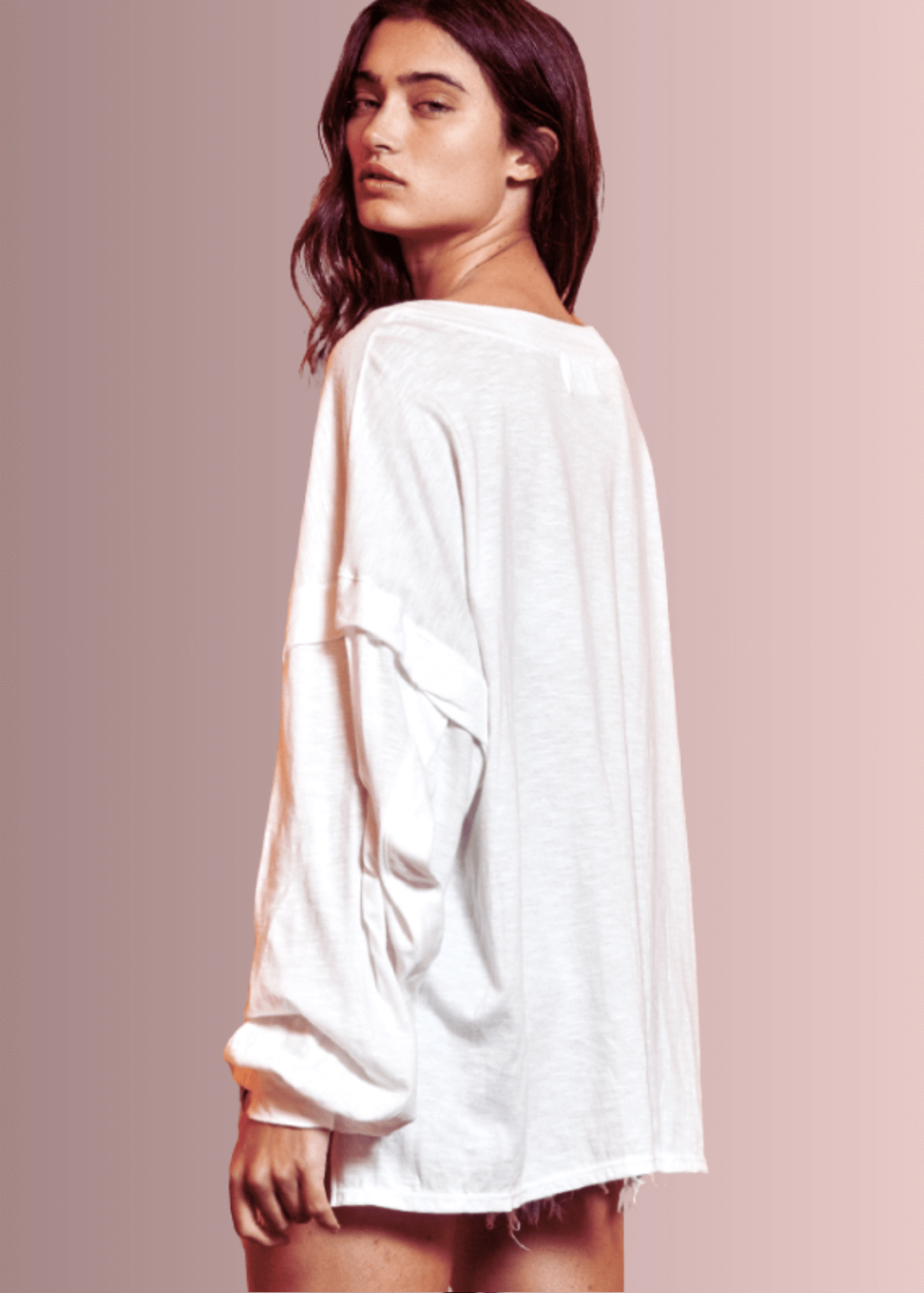 USA Made Ladies Oversized White Cotton Long Sleeve Tee with Raw Edge Detail and Snap Down Front | Bucket List Clothing Style