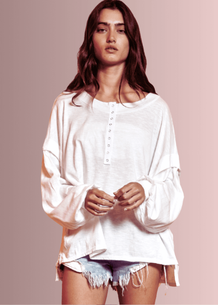 USA Made Ladies Oversized White Cotton Long Sleeve Tee with Raw Edge Detail and Snap Down Front | Bucket List Clothing Style