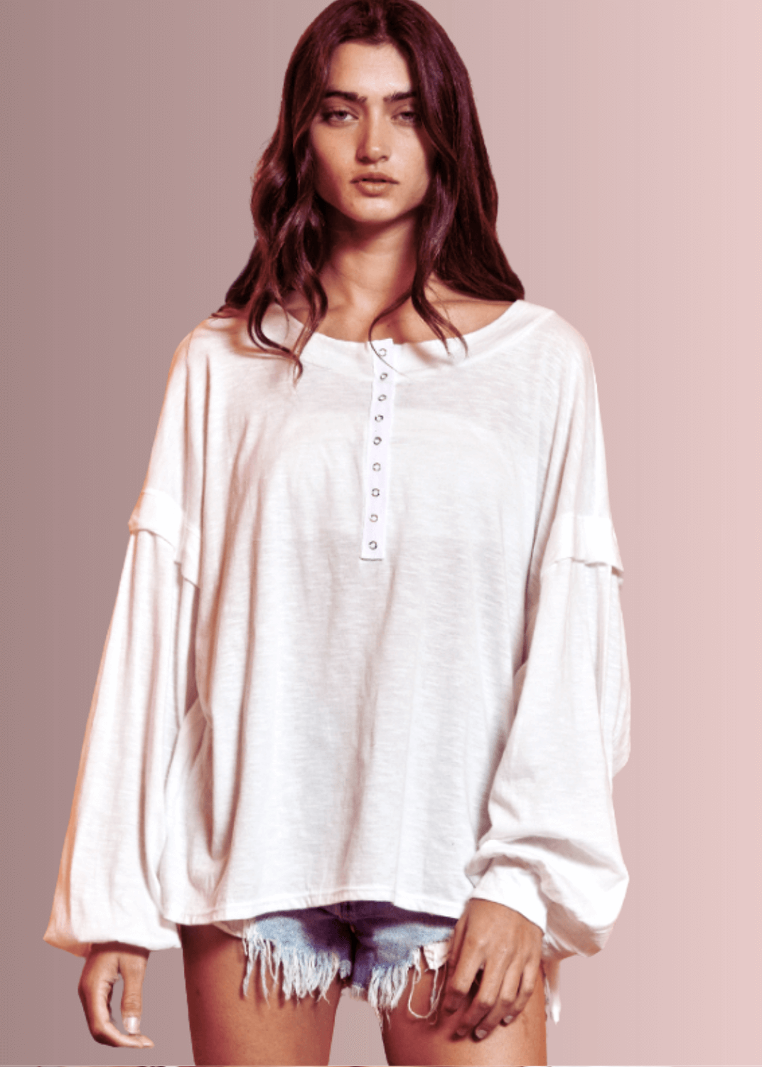 USA Made Ladies Oversized White Cotton Long Sleeve Tee with Raw Edge Detail and Snap Down Front | Bucket List Clothing Style