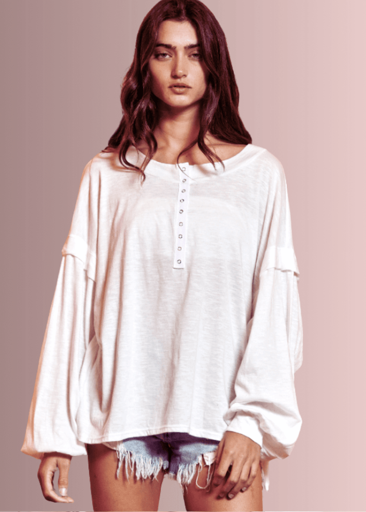 USA Made Ladies Oversized White Cotton Long Sleeve Tee with Raw Edge Detail and Snap Down Front | Bucket List Clothing Style