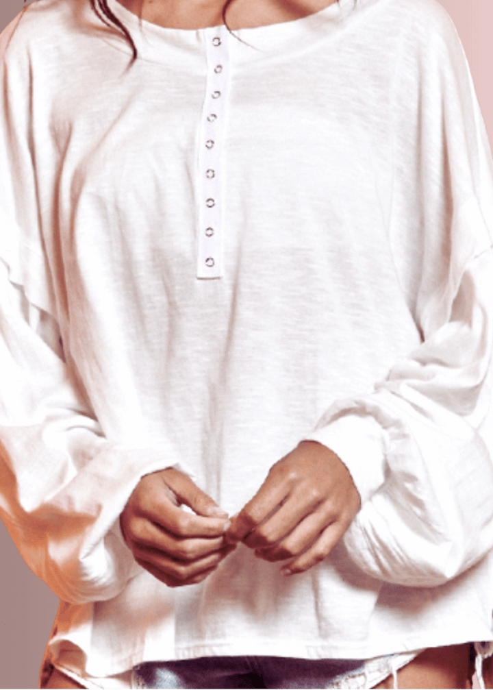 USA Made Ladies Oversized White Cotton Long Sleeve Tee with Raw Edge Detail and Snap Down Front | Bucket List Clothing Style