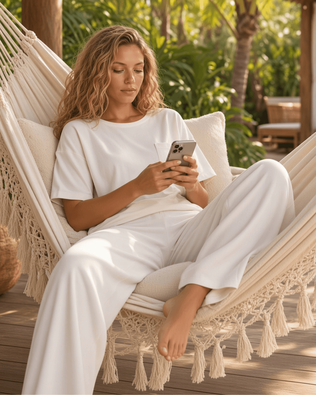 Sunday Chic Women's Lounge Set: White Ribbed Soft Loungewear Set | Wide Leg Pants & Short Sleeve Tee with Front Pocket | Made in USA
