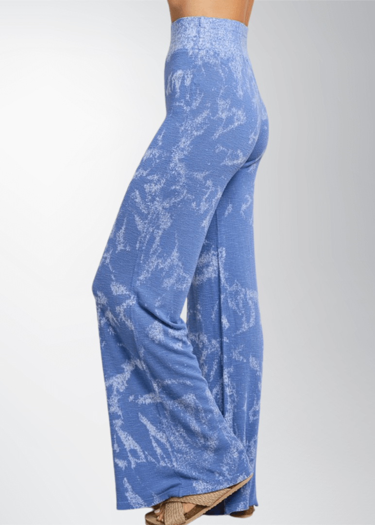 Made in USA Women's Shades of Blue Soft and Stretchy Tie Dye Wide Leg Flare Lounge Pants | Classy Cozy Cool Made in America Boutique