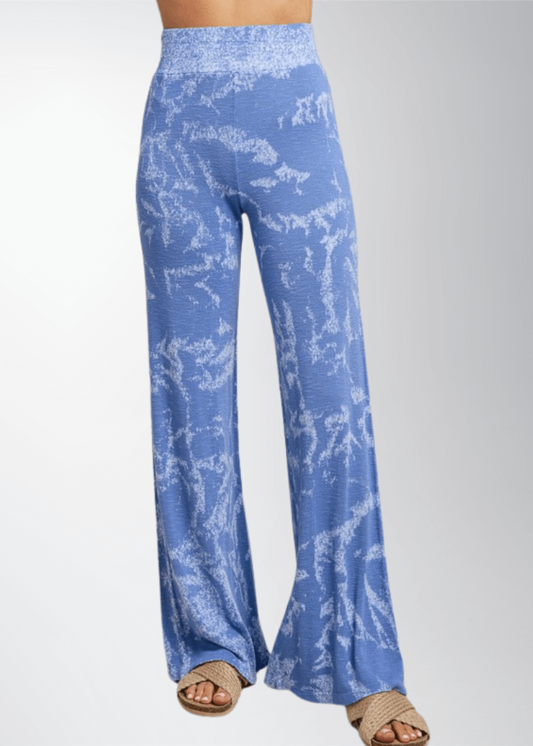 Made in USA Women's Shades of Blue Soft and Stretchy Tie Dye Wide Leg Flare Lounge Pants | Classy Cozy Cool Made in America Boutique