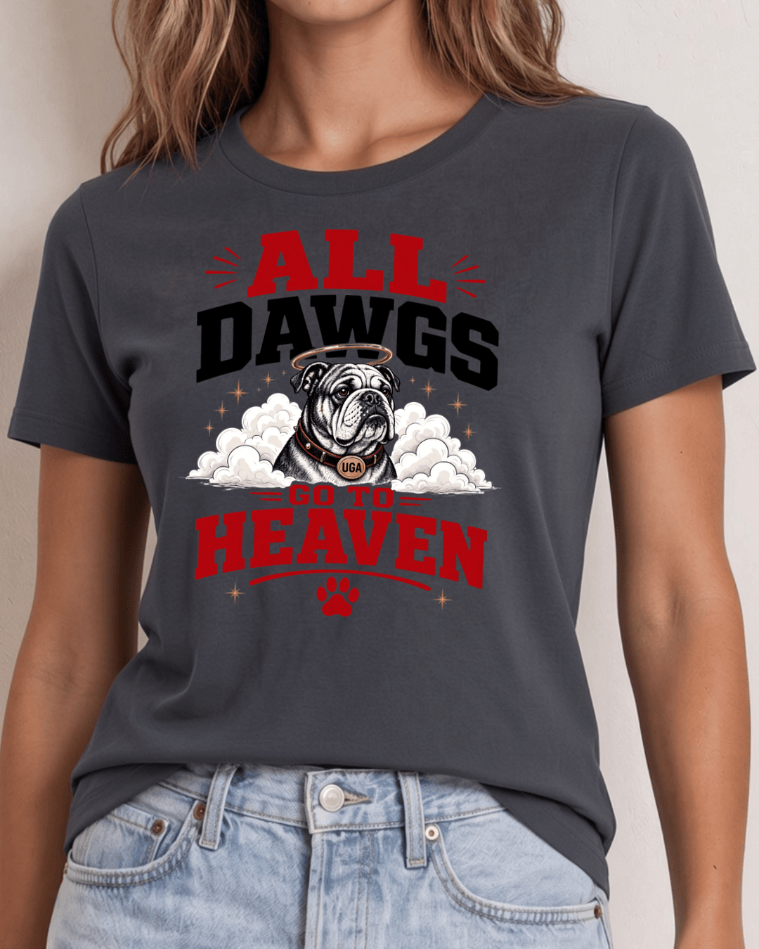 UGA Bulldogs All Dawgs Go To Heaven women's graphic tee in graphite. Made in USA, 100% cotton crew neck. Sizes S–3XL.