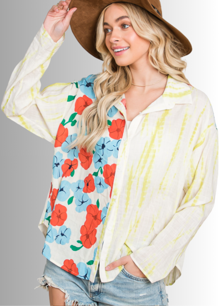 Floral Block Contrast Button Down Adorable Top by Bucket List | Made in USA | Button Down Collared Floral &amp; Dyed Block Contrast Pattern | 100% Cotton