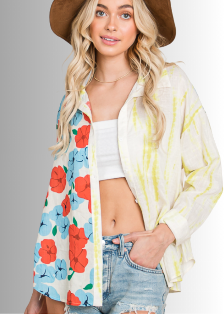 Floral Block Contrast Button Down Adorable Top by Bucket List | Made in USA | Button Down Collared Floral &amp; Dyed Block Contrast Pattern | 100% Cotton