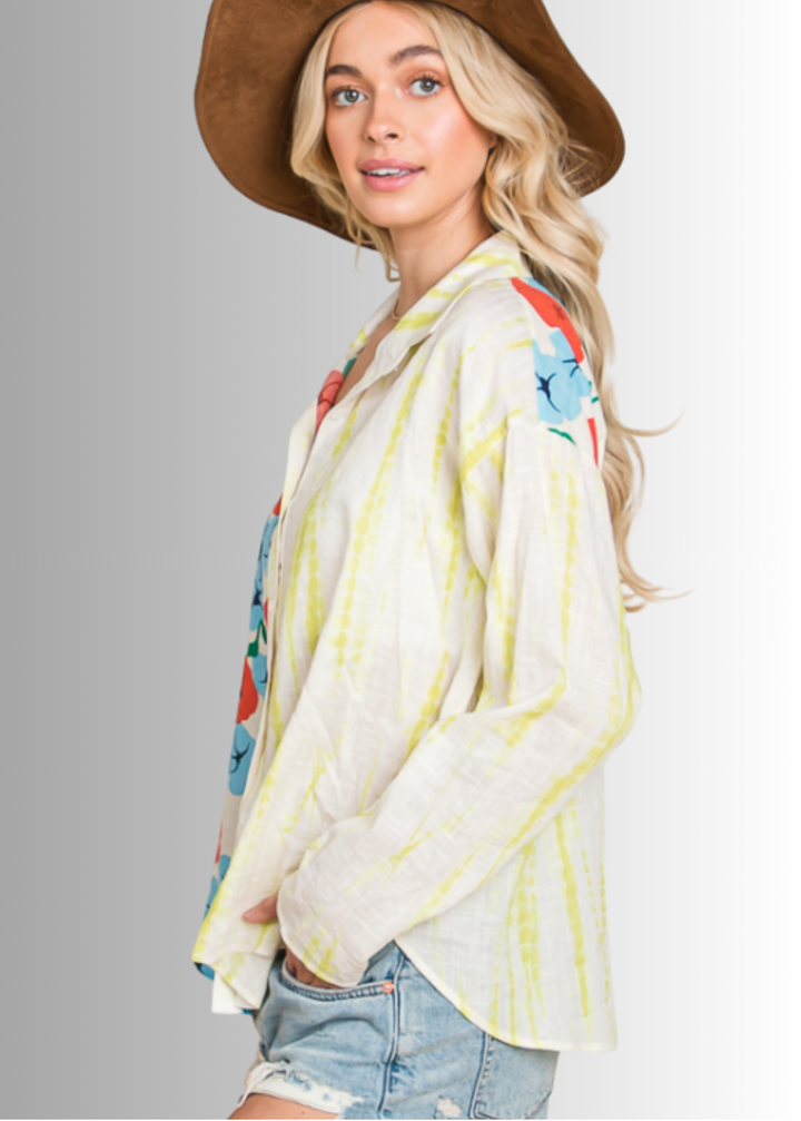 Floral Block Contrast Button Down Adorable Top by Bucket List | Made in USA | Button Down Collared Floral &amp; Dyed Block Contrast Pattern | 100% Cotton