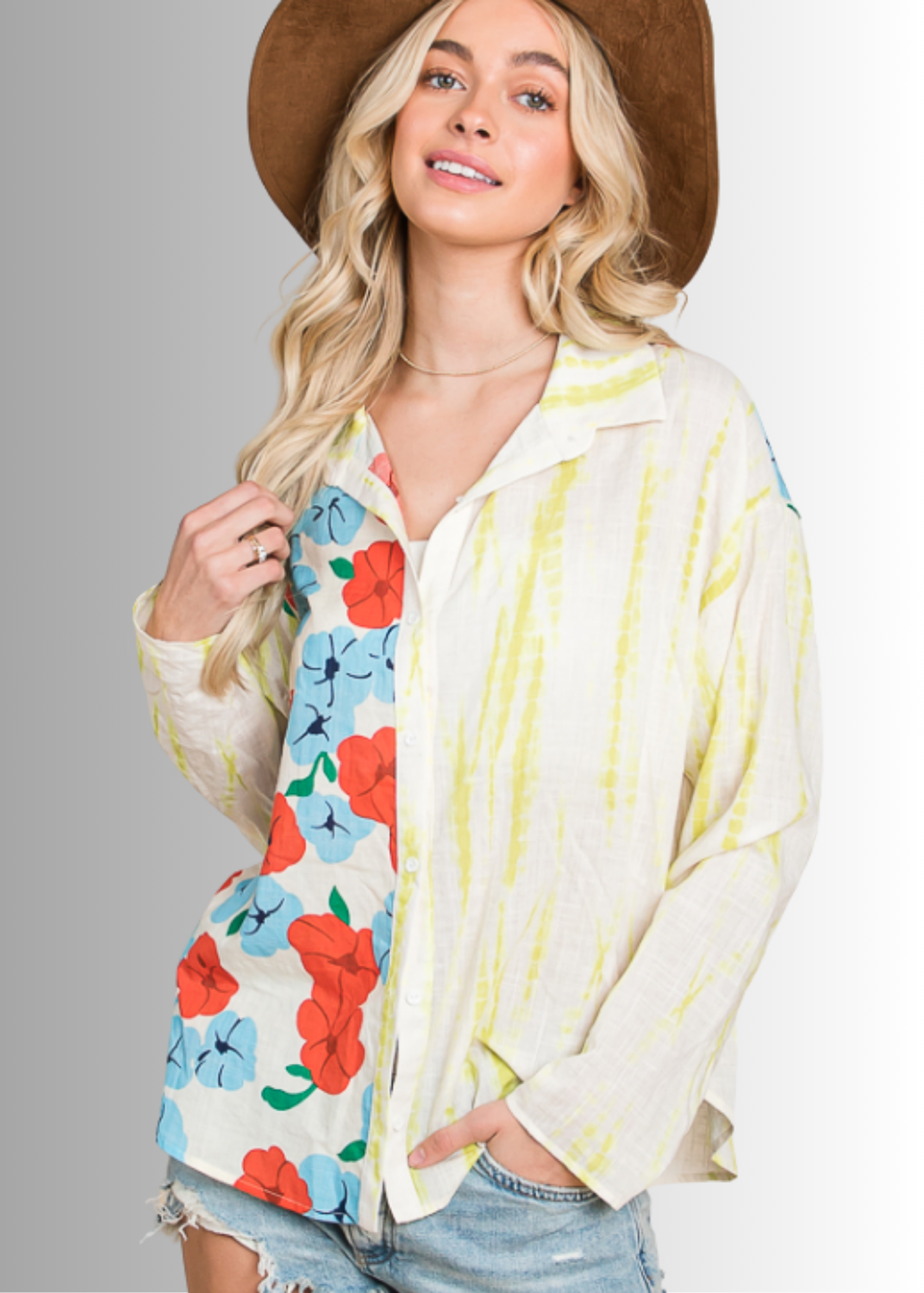 Floral Block Contrast Button Down Adorable Top by Bucket List | Made in USA | Button Down Collared Floral &amp; Dyed Block Contrast Pattern | 100% Cotton