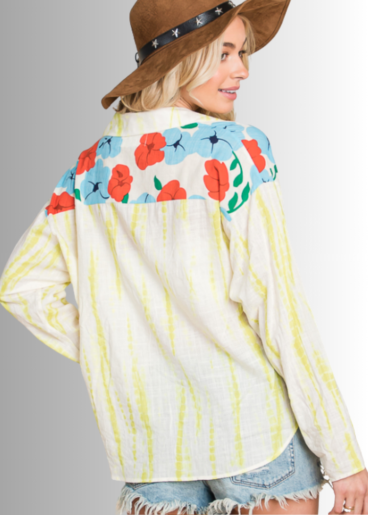 Floral Block Contrast Button Down Adorable Top by Bucket List | Made in USA | Button Down Collared Floral &amp; Dyed Block Contrast Pattern | 100% Cotton