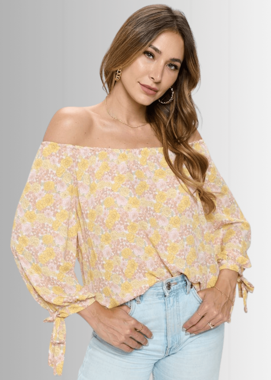 USA Made Women's Off the Shoulder Yellow Floral Top with Tie Sleeve Detail | Renee C Style# 3499TPI | Classy Cozy Cool Women's Made in USA Boutique