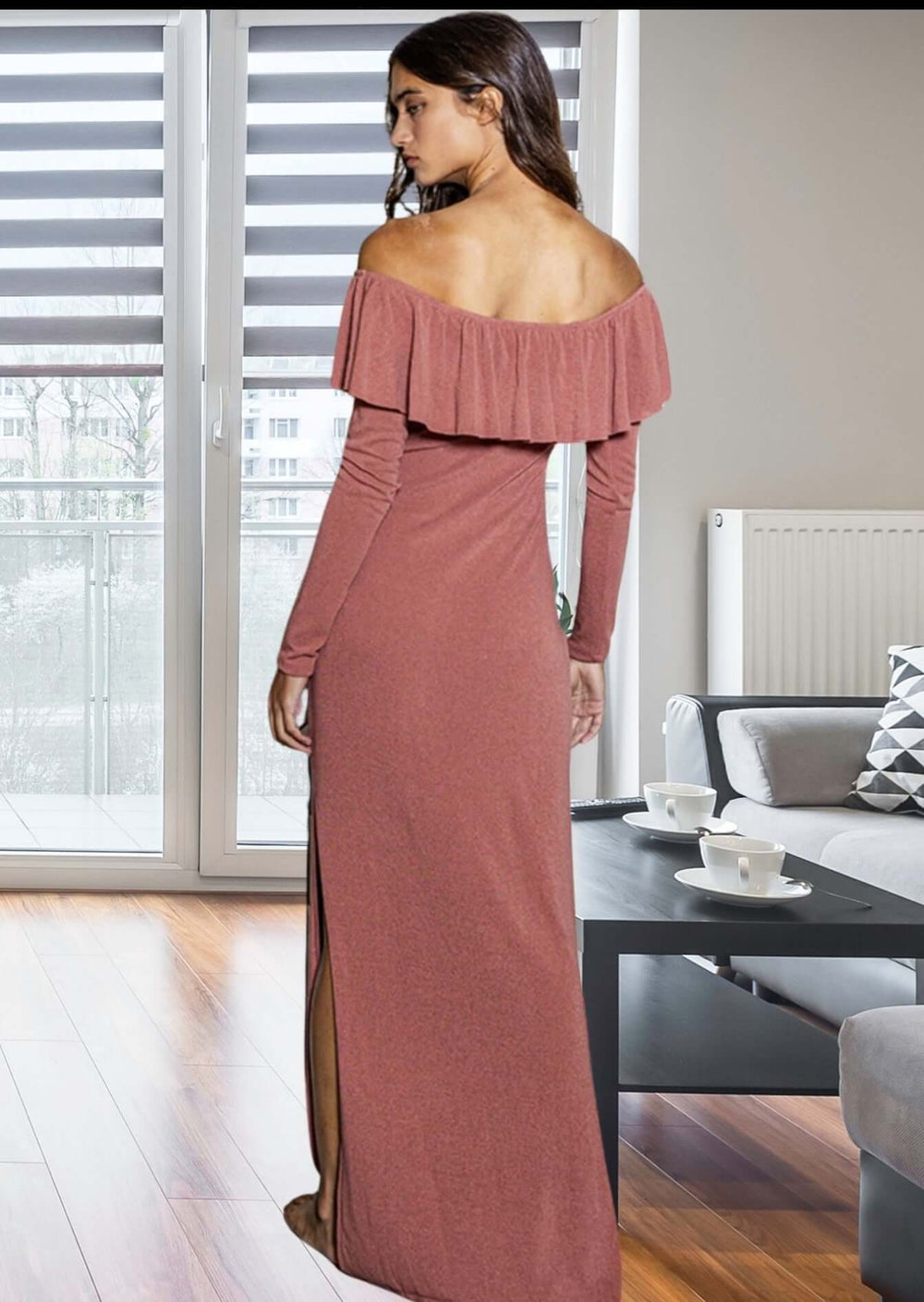 Ladies Made in USA Off The Shoulder Maxi Dress Color in Marsala with Slit on Both Sides and Stunning Full Length Front Ruffle | Bucket List Clothing Style D4164 