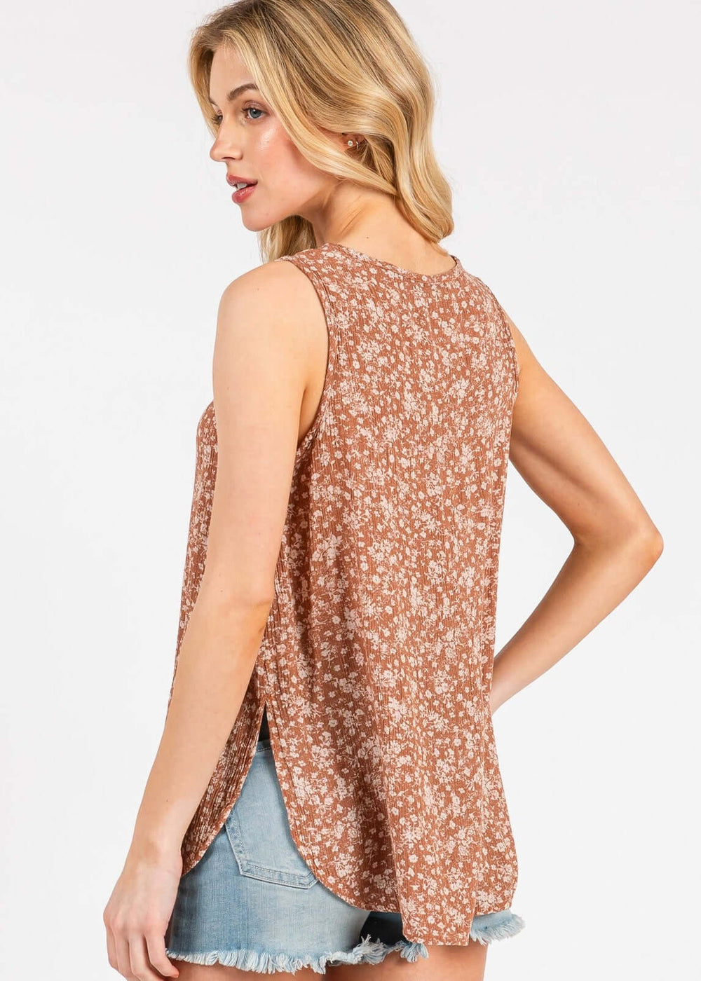 Breezy & beautiful — the Flowy Flower Print Sleeveless Top in Rust Brown. 100% rayon gauze, relaxed fit, perfect for warm days. Made in USA.