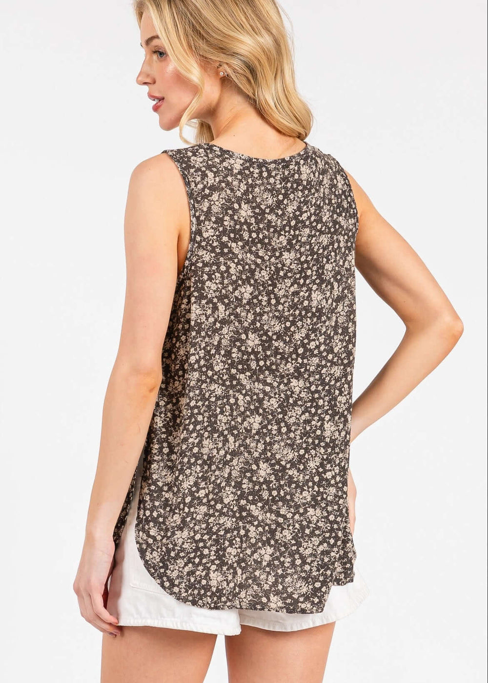Breezy & beautiful — the Flowy Flower Print Sleeveless Top in Olive. 100% rayon gauze, relaxed fit, perfect for warm days. Made in USA.