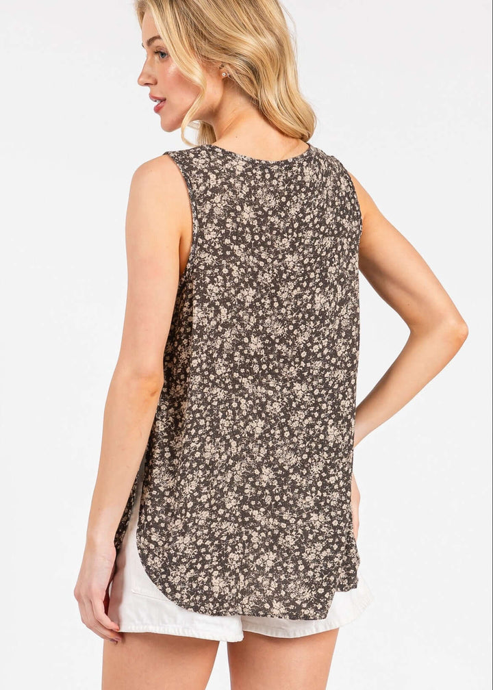 Breezy &amp; beautiful — the Flowy Flower Print Sleeveless Top in Olive. 100% rayon gauze, relaxed fit, perfect for warm days. Made in USA.