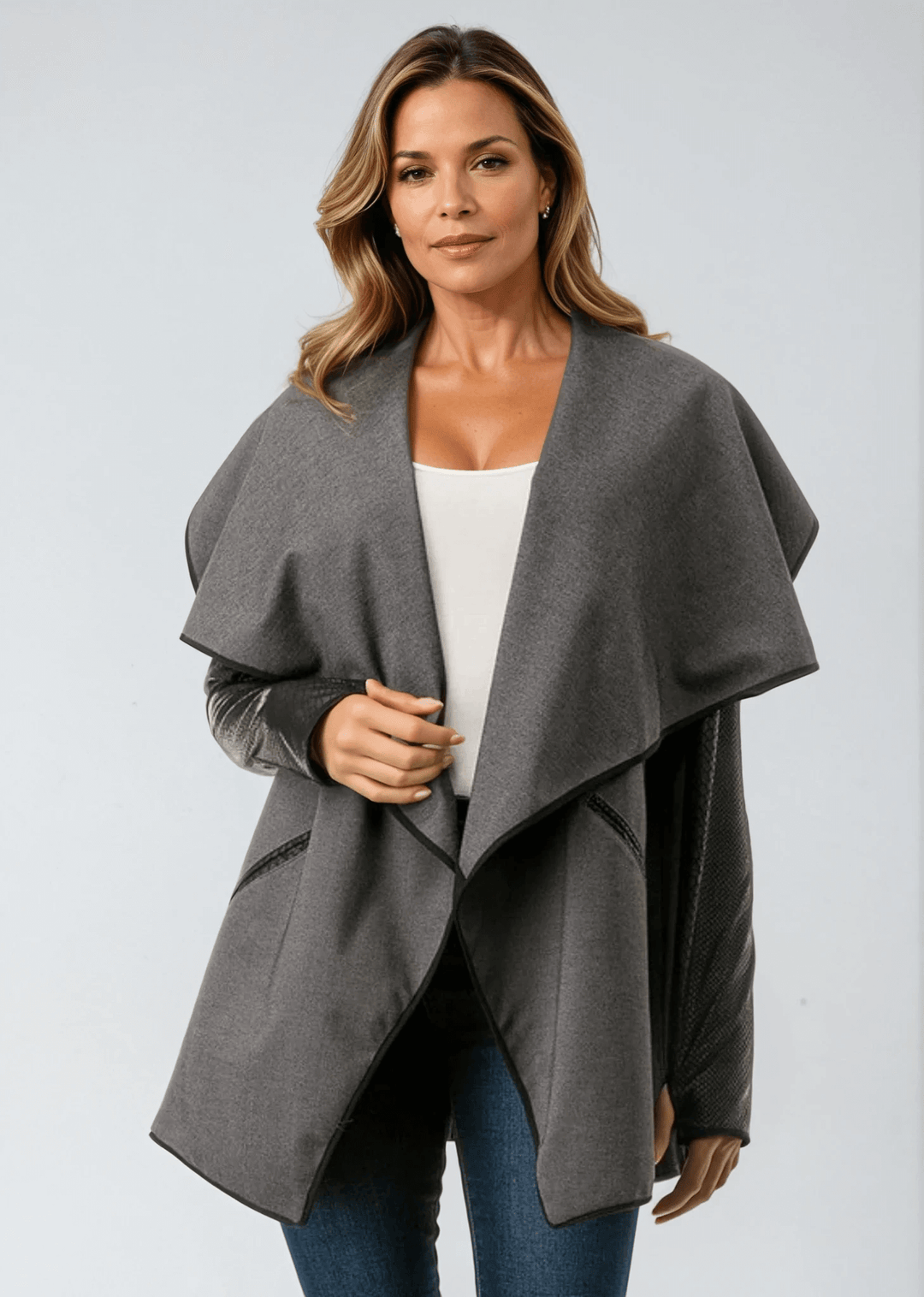 Made in USA Trendy Unique Women's Gray and Black Open Front Jacket with Faux Leather Sleeves, Thumbholes, Snap Lapel Closure and Side Pockets | Classy Cozy Cool Women's Made in America Clothing Boutique