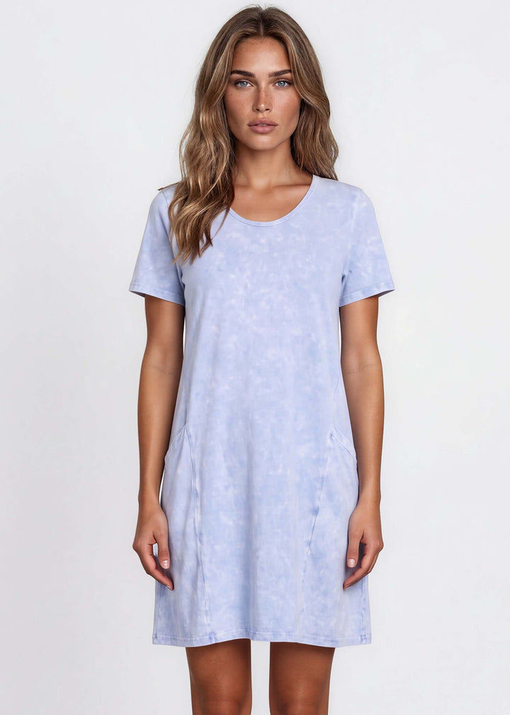 USA Made Ladies Mineral Washed Casual Cotton Short Sleeve Above Knee Length Dress with Pockets | Style