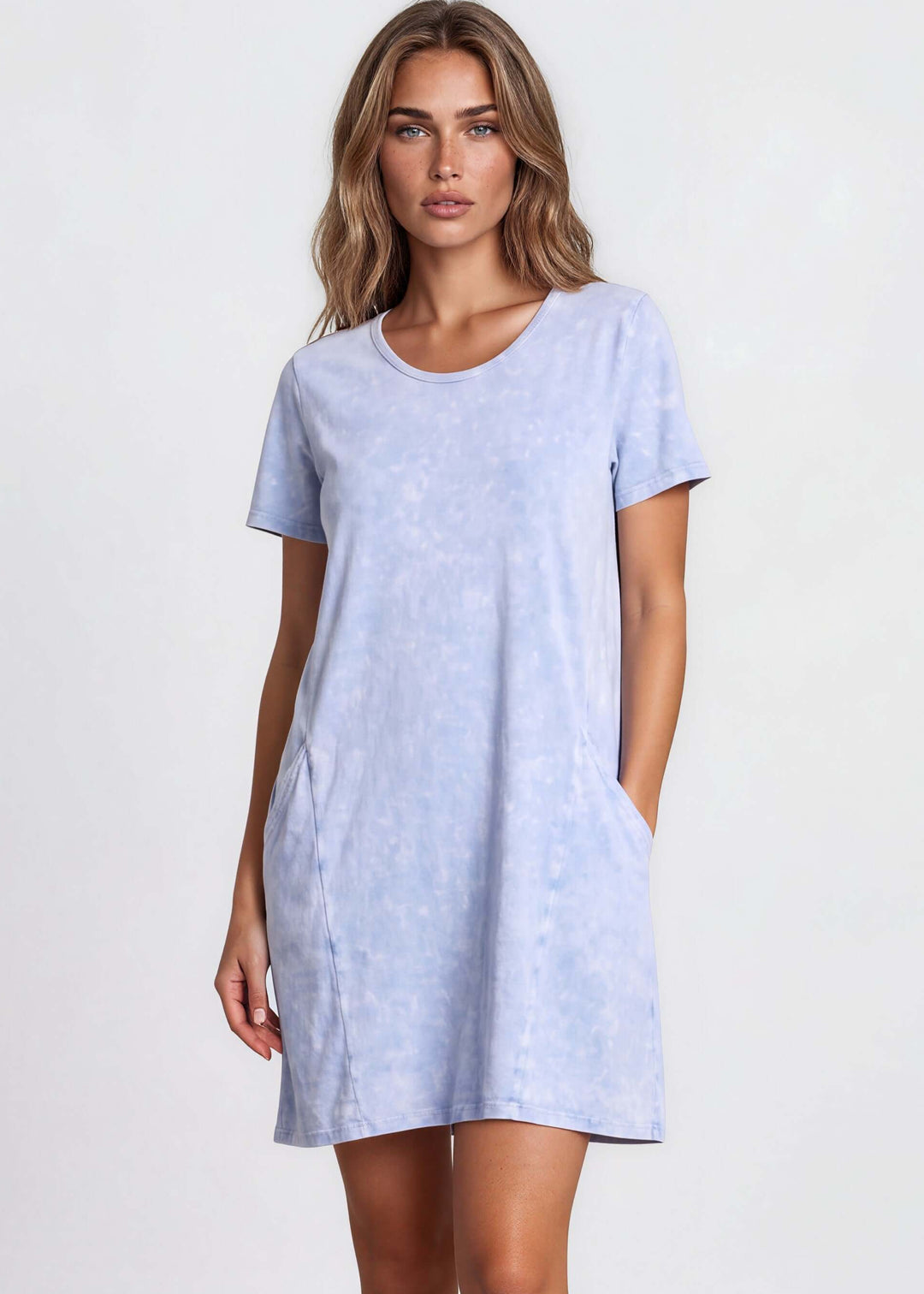 USA Made Ladies Mineral Washed Casual Cotton Short Sleeve Above Knee Length Dress with Pockets | Style# C60596 | Classy Cozy Cool Women's Made in America Boutique