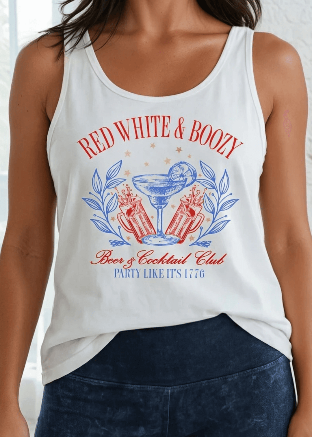 Made in USA Red White Boozy Patriotic Graphic Women's Sustainable durable premium America-made cotton tank top, Perfect for 4th of July